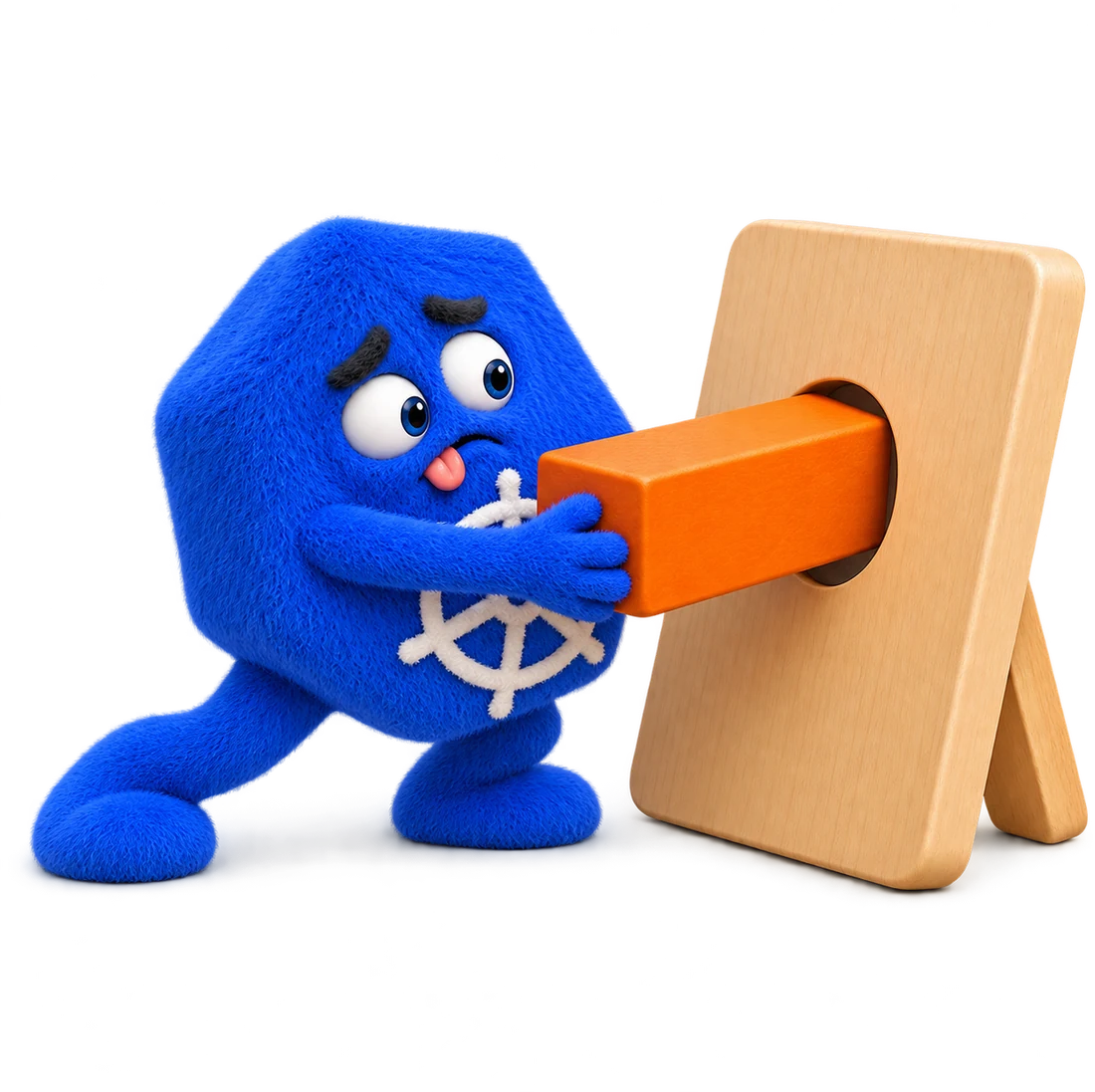 A fuzzy Kubernetes mascot struggling to push a square peg into a round hole, illustrating a mismatch between Kubernetes abstractions and live inference needs.