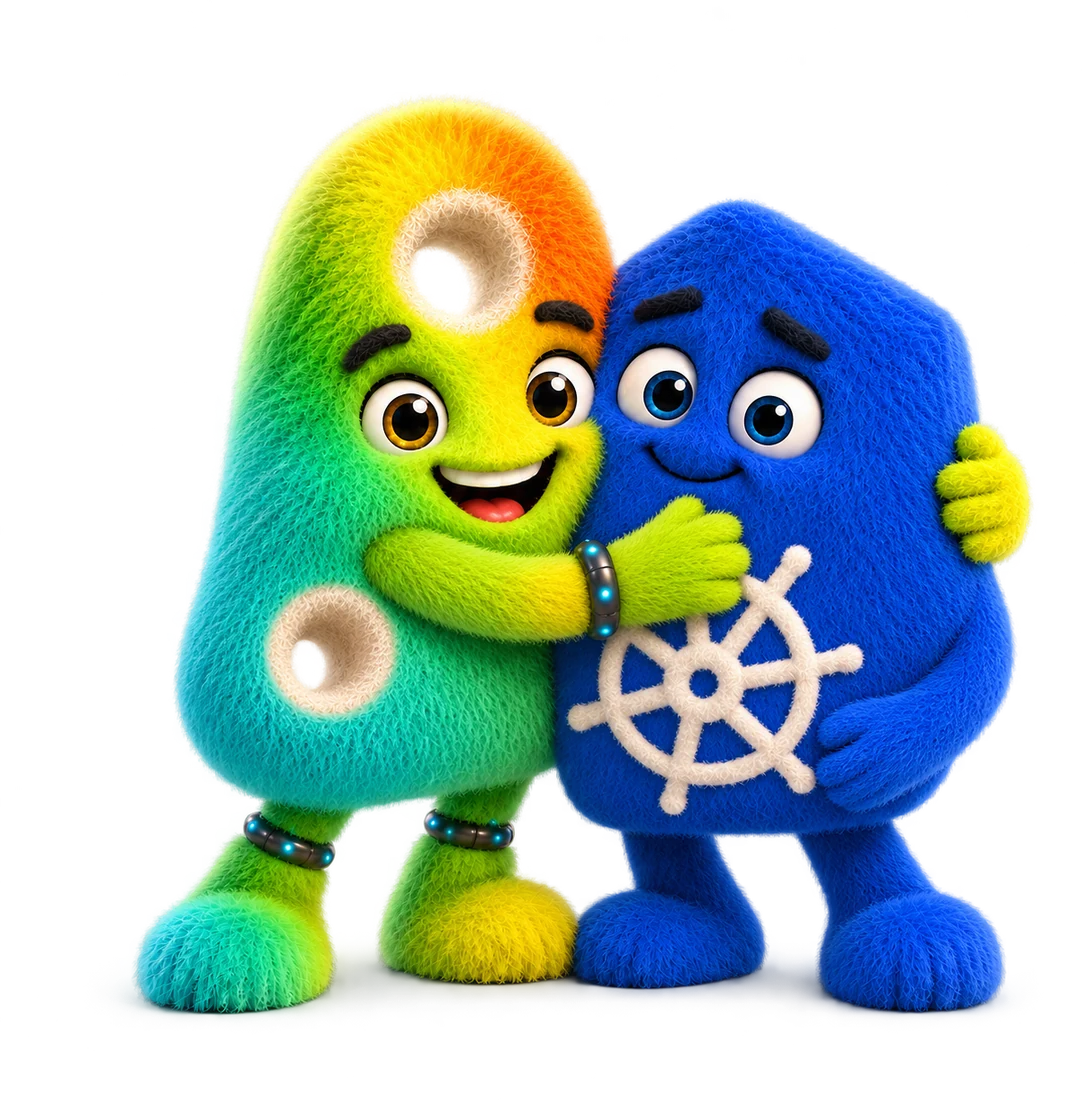 The fuzzy servescale.ai mascot hugging a fuzzy Kubernetes mascot, illustrating the complementary relationship between Kubernetes infrastructure and inference-specific control.